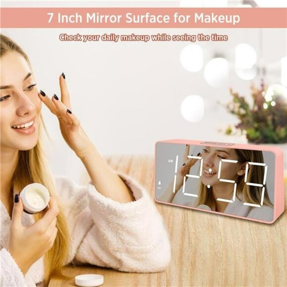 Peakeep Pink Digital Alarm Clock Loud Mirror Display Battery Backup Seniors - Picture 3 of 7